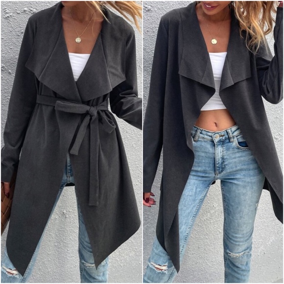 Bellanblue Jackets & Blazers - Plus Charcoal Grey Waterfall Belted Jacket Coat Winter